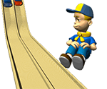 Cub Scout next to pinewood derby track